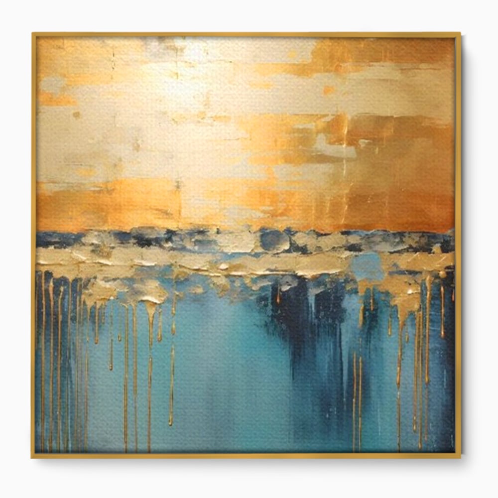 Tablou canvas cu pictura abstracta cu texturi aurite, in rama de aluminiu auriu